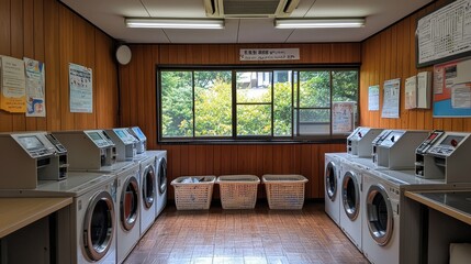 Convenient hostel laundry facility with machines that accept mobile payments, a change machine, and baskets provided for easy transport of clothes to and from rooms