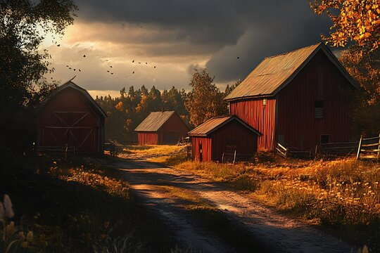 A serene farm landscape with red barns and a winding dirt path under a moody sky.