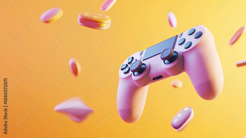 Poster a pink video game controller floats in front of a bright yellow background