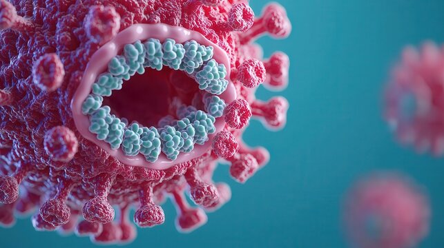 3D Virus Disease: Mumps, Microscopic view of a virus with pink and blue structures on a vibrant blue background.