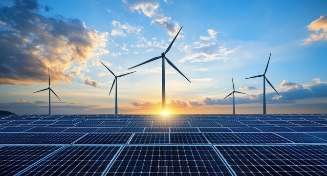 Renewable Energy Panorama with Wind Turbines and Solar Panels at Sunset in Urban Smart Grid Environment