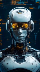 Fototapeta premium Futuristic robot with glowing eyes and intricate metallic features.