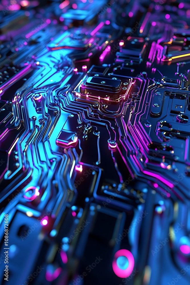 Poster futuristic abstract close-up of a colorful circuit board with glowing connections and high-tech aest