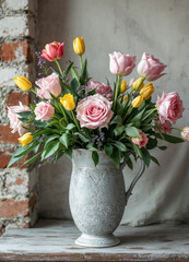 Charming gray antique vase with Art Nouveau engravings, overflowing with colorful blooms including pink roses and yellow tulips, set against a rustic brick wall