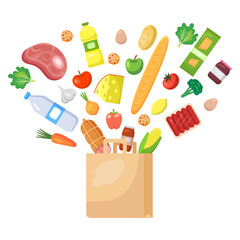 Products falling in paper shopping bag. Supermarket grocery cart with different groceries. Vector illustration in flat style, design template