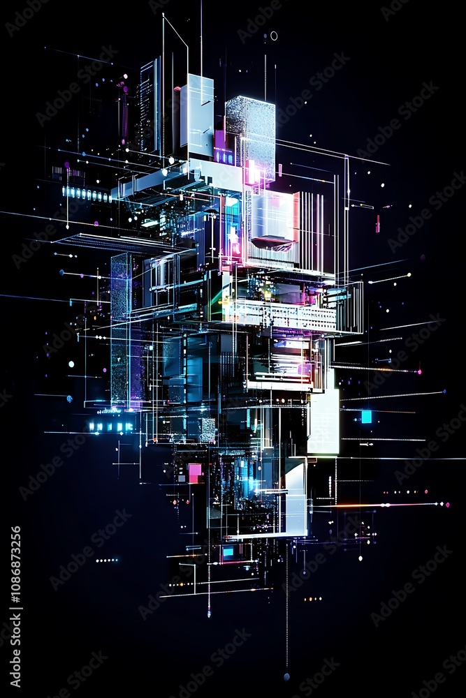 Poster futuristic abstract digital composition with geometric shapes, bright colors, and dynamic lines on a