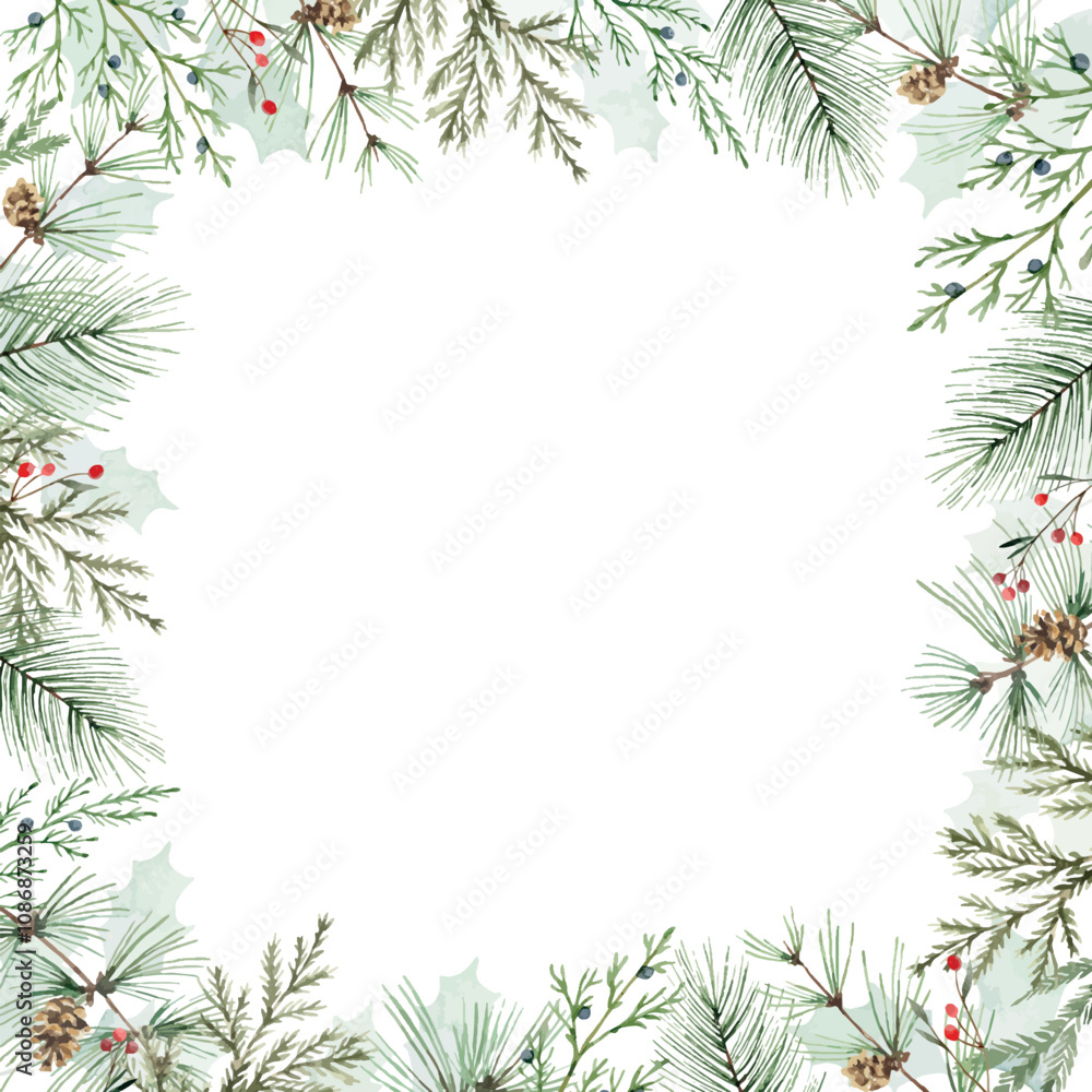 Wall mural Christmas vector greenery fir branches square frame. Borders for holiday greeting card and invitation. Watercolour Illustration. Hand painted winter plants. Xmas template.