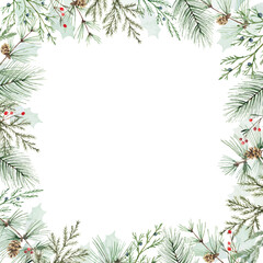 Christmas vector greenery fir branches square frame. Borders for holiday greeting card and invitation. Watercolour Illustration. Hand painted winter plants. Xmas template.