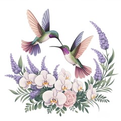 Fototapeta premium Stunning illustration featuring two elegant hummingbirds with intricate wings