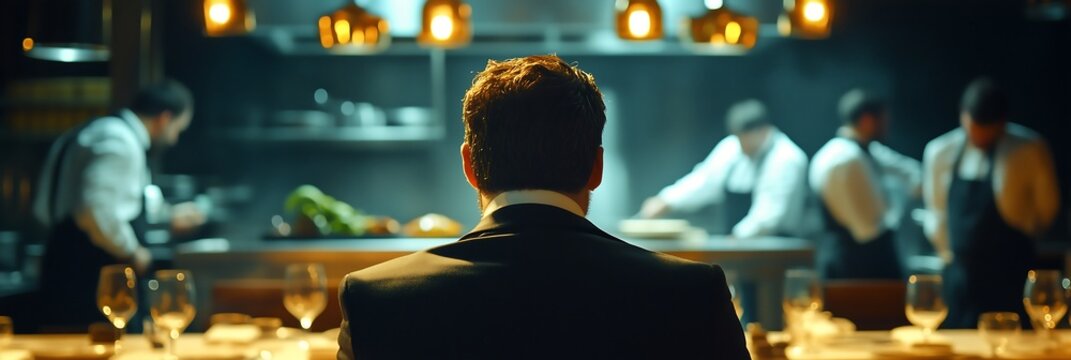 A male food critic observing chefs at work in an elegant, sophisticated, dimly lit restaurant kitchen.