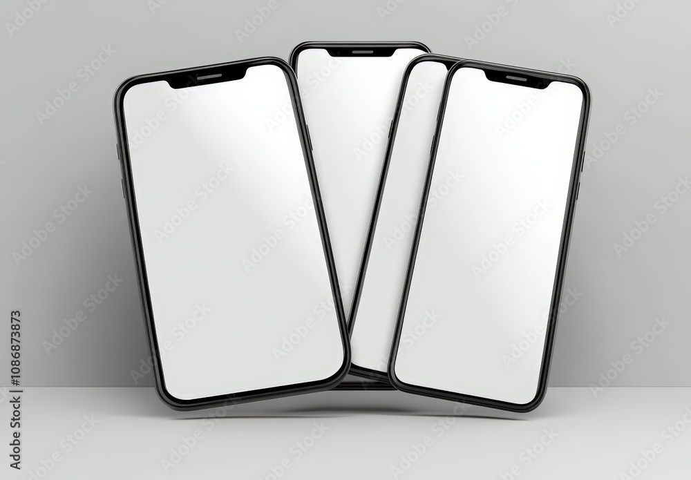 Poster realistic 3d rendering of three sleek smartphones on minimalist background