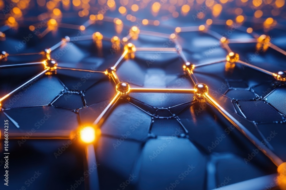 Poster abstract close-up of interconnected glowing hexagonal structures in a digital background