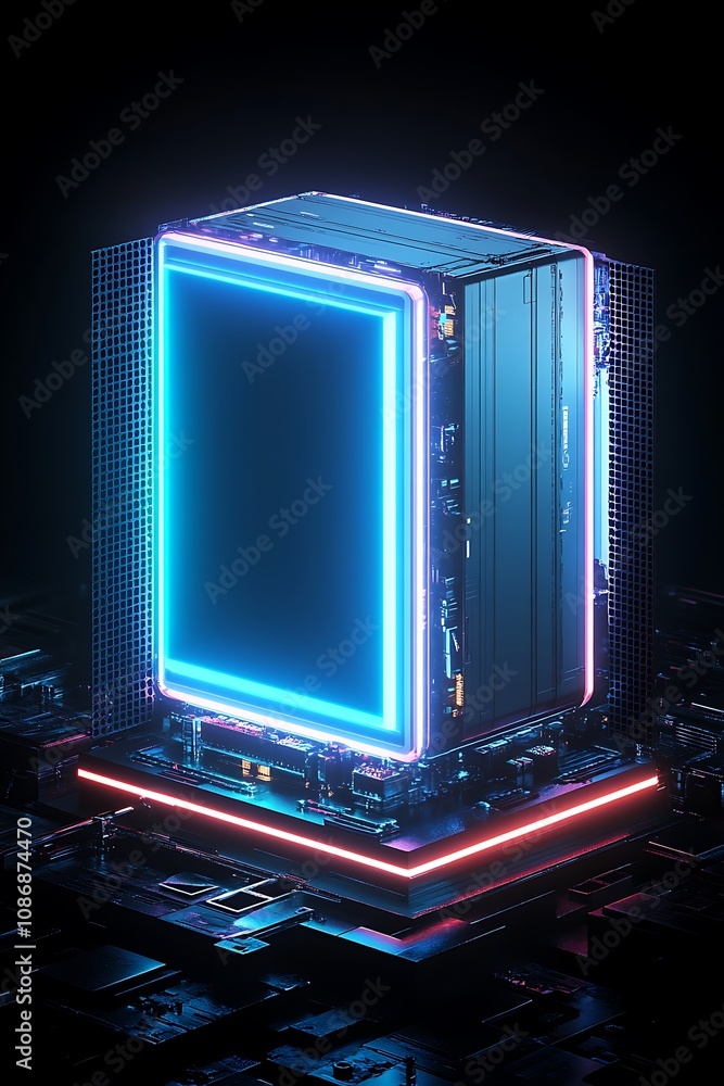 Poster futuristic computer server with neon lights in a high-tech environment, showcasing modern digital te