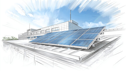 Illustration of a modern building with solar panels on the roof under clear skies, technical sketch style.