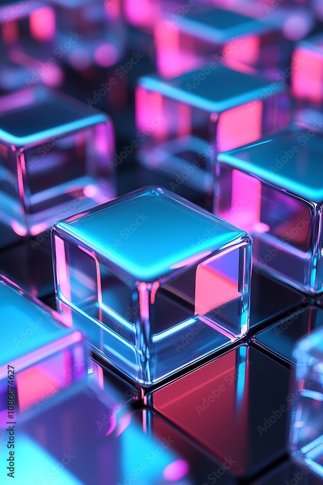 Poster futuristic cubes with abstract lighting displaying vibrant reflections in a digital environment, per