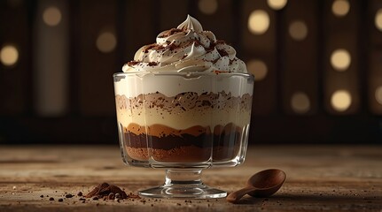 Tiramisu in a glass with layered cream and cocoa powder