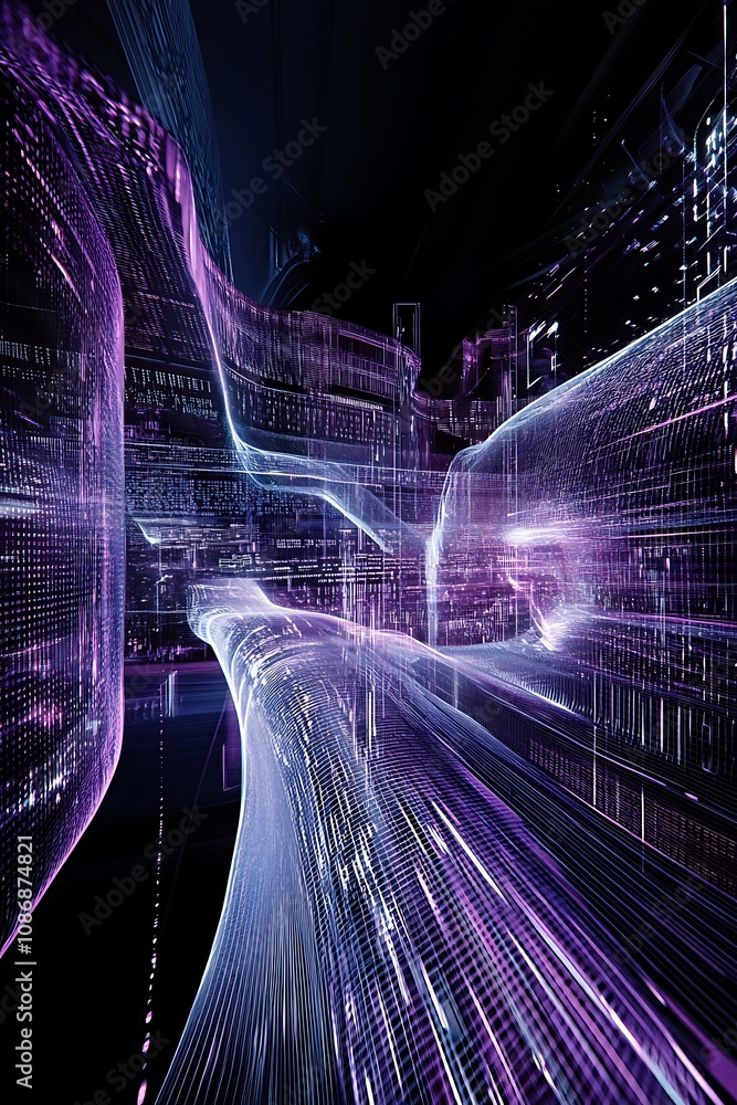 Poster futuristic data stream flowing through digital networks with vibrant purple and blue colors in an ab