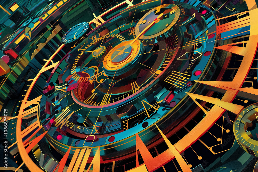 Poster an intricate clockwork mechanism with vibrant colors and sharp lines.