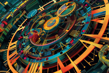 An intricate clockwork mechanism with vibrant colors and sharp lines.