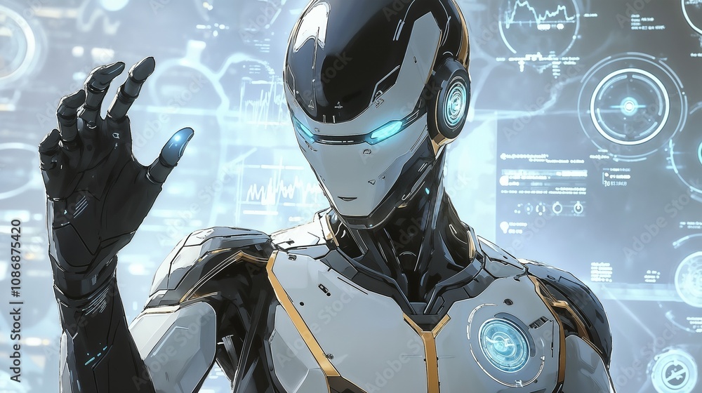 Poster there is a robot that is standing in front of a computer screen