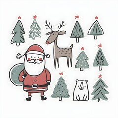 Charming watercolor Christmas illustration featuring Santa Claus, a reindeer, and a bear in a festive setting. cozy, wintery