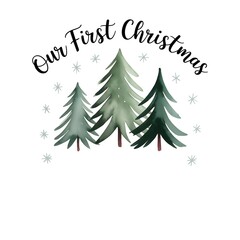 Fototapeta premium Watercolor illustration Christmas green trees. Three distinct trees are arranged, sentimental keepsake. heartwarming gift card