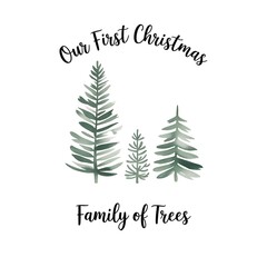 Watercolor illustration Christmas green trees. Three distinct trees are arranged, sentimental keepsake. heartwarming gift card