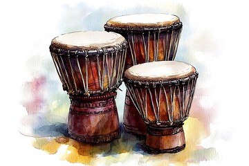 Watercolor Painting of Three Djembe Drums - African Percussion Instruments.  A vibrant artistic representation of traditional African drums, perfect for cultural or musical themes.