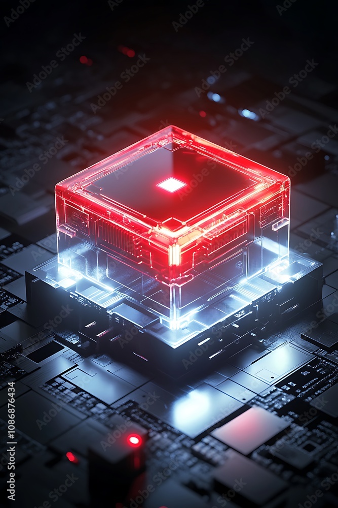 Poster futuristic red and transparent cube on circuit board with glowing lights and digital elements in a d