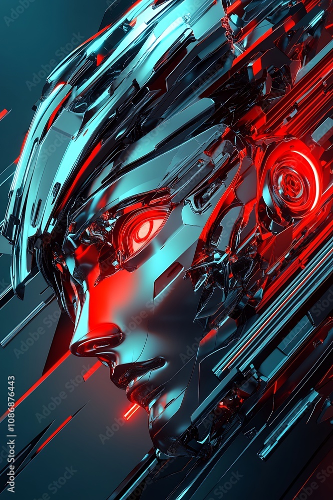 Poster futuristic robotic head with glowing red eyes and sleek metallic features in a dynamic abstract back