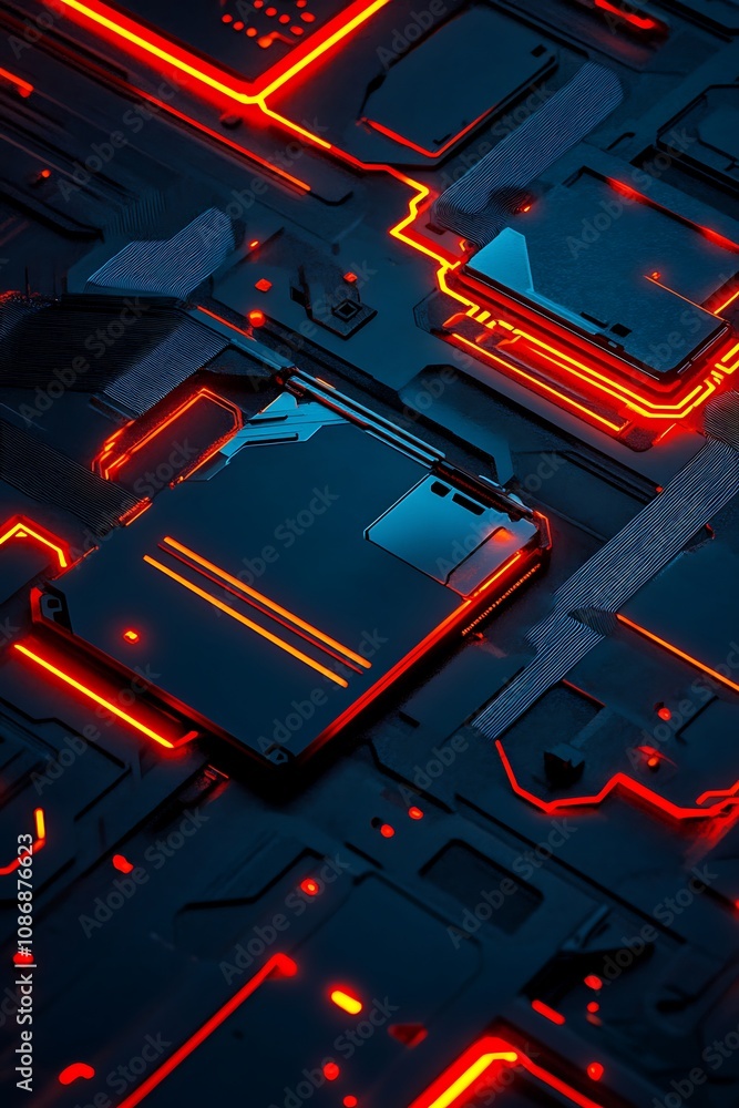 Poster futuristic technology design with neon glow on circuit board pattern featuring bright neon lines and