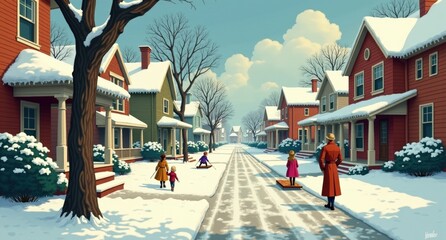 A cozy neighborhood blanketed in snow, kids dragging sleds along the street as parents sip coffee on porches, chatting in the nostalgic winter scene.  