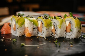 Sushi rolls with avocado and salmon garnished with microgreens.