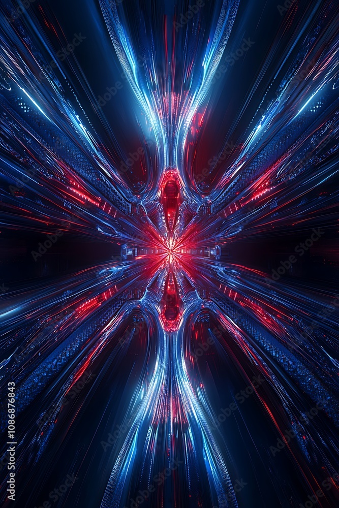 Poster abstract digital art featuring vibrant blue and red light beams converging in a symmetrical, futuris
