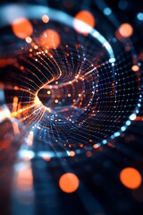 Abstract representation of a digital vortex with glowing particles and a mesh network, illustrating concepts of technology, data flow, and futuristic design in vivid colors.