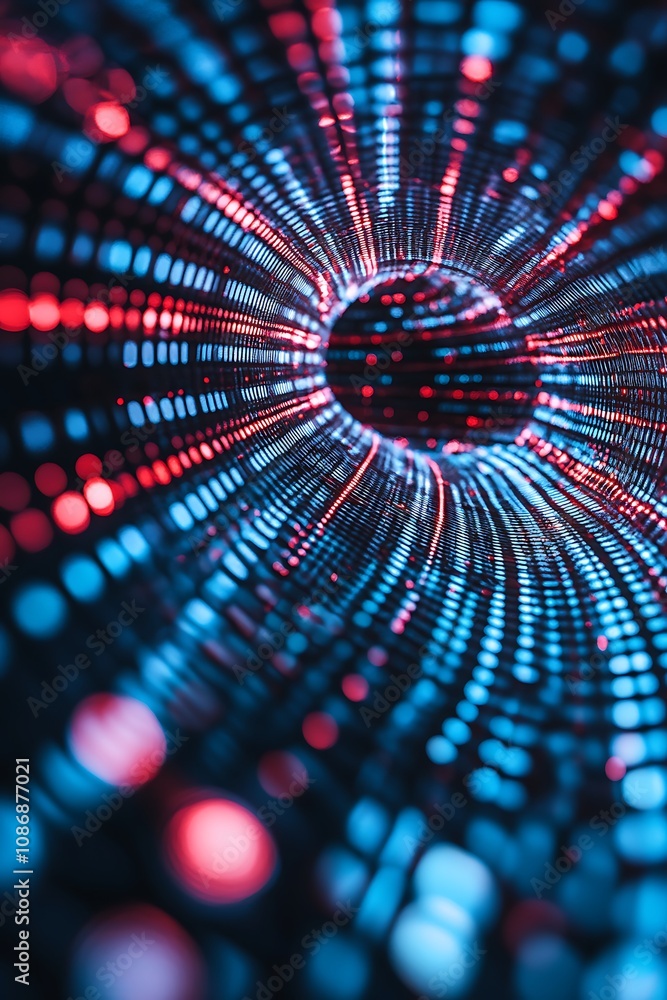 Poster abstract digital tunnel featuring radiant red and blue lights creating a mesmerizing pattern, symbol