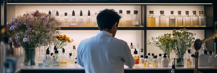 A male perfumer blending fragrances in a stylish lab, surrounded by beautiful flowers and elegant bottles.