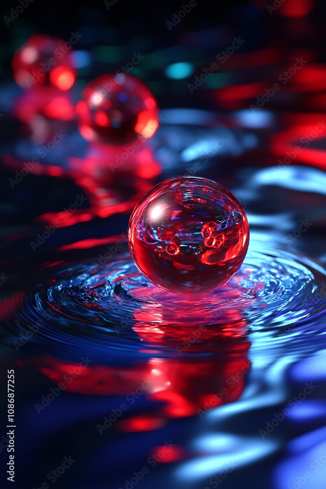 Poster glowing red orbs creating ripples on water surface with colorful reflections in background, abstract