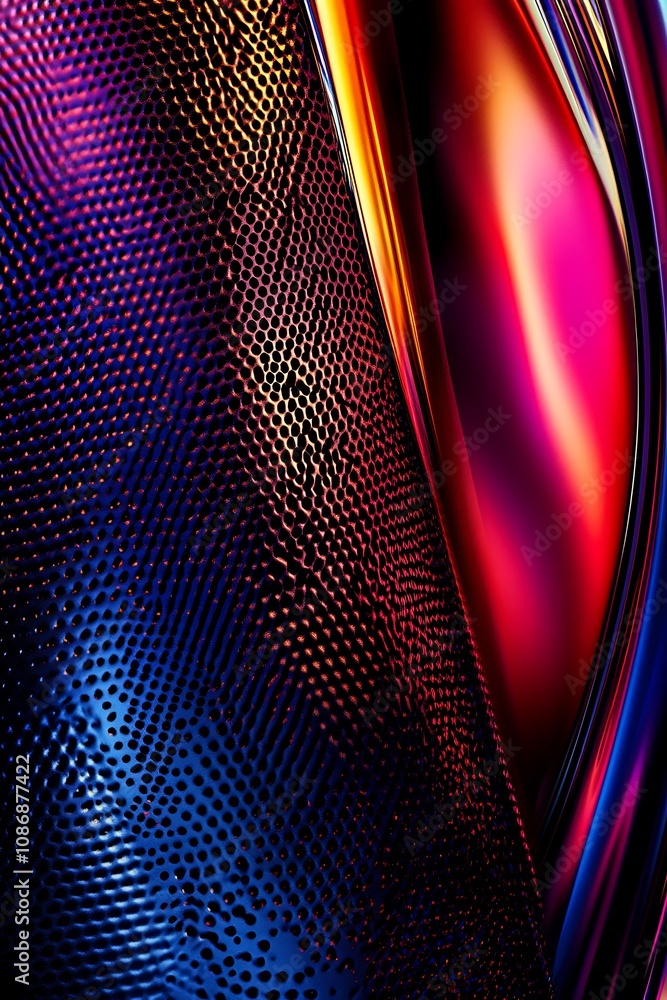 Poster abstract colorful texture with shiny metallic surfaces and intricate patterns reflecting vibrant lig