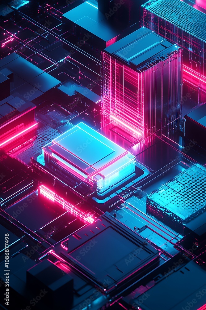 Poster high-tech abstract digital landscape with neon lights and futuristic architecture representing advan