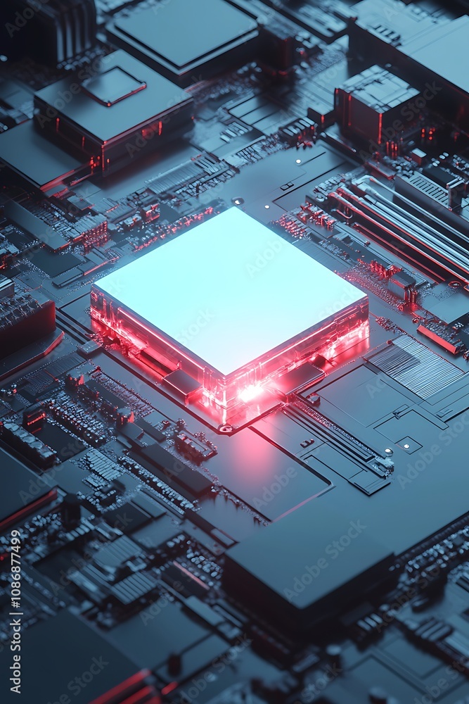 Poster high-tech circuit board with a glowing processor in a futuristic digital environment showcasing adva