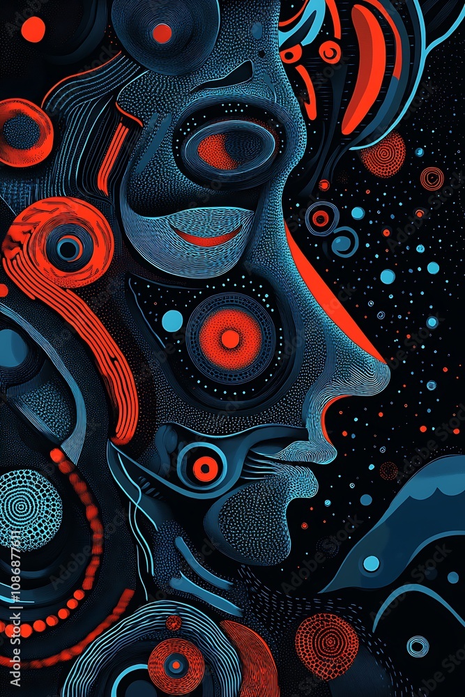 Poster intricate abstract portrait with bold colors and patterns emphasizing human features and cosmic elem