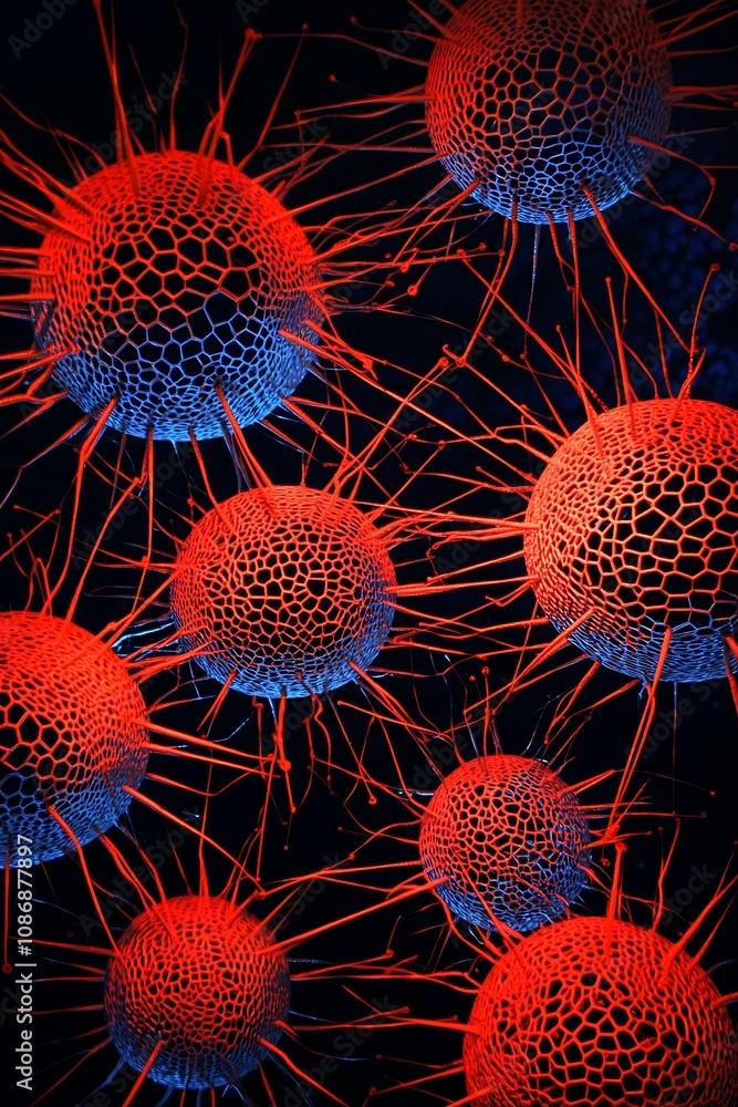 Poster vibrant representation of abstract microorganisms with red and blue highlights showcasing unique str