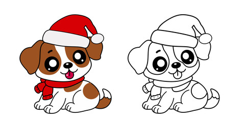 dog with santa claus hat. Animal outline illustration. Coloring page outline of cute animals. Animals tracing worksheet. Kindergarten and preschool activity