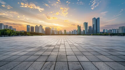 Empty square floor with city skyline background, Neighborhood Regeneration Program, noon