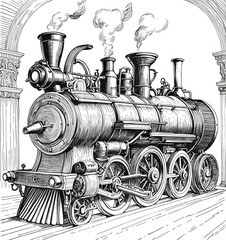 old steam locomotive. black and white drawing