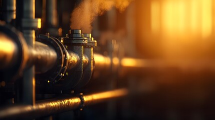 Fototapeta premium Engines of Energy: Hot Steam Rising from Industrial Pipes at Sunset in a Dynamic Refinery Setting. Fuel Processing Technology Concept