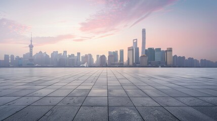 Empty square floor with city skyline background, Urban Green Space Revitalization Project, morning