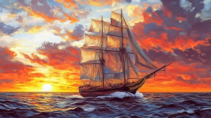 Obraz premium A vibrant illustration of the Mary Celeste, with its sails billowing in the wind, set against a picturesque sunset over the ocean, creating a sense of adventure.