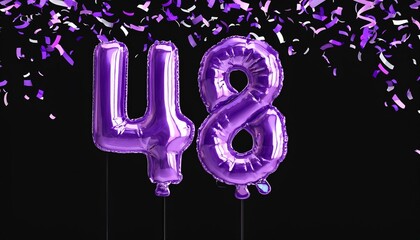 Purple birthday / anniversary balloon, number 48, black background with confetti